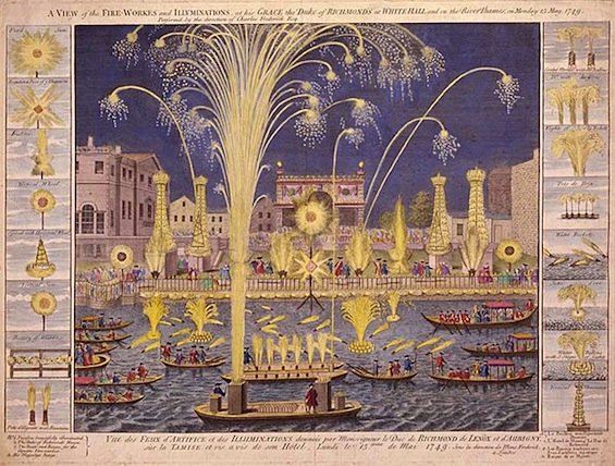 Fuegos artificiales en el Támesis en 1749. Georg-Friedrich Haendel compuso una pieza especial para la ocasión.