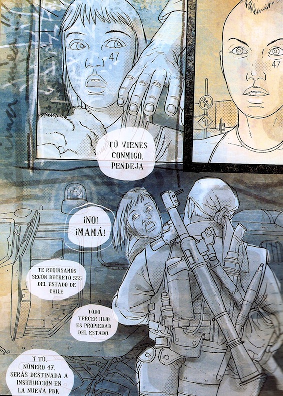 Ilustración de la novela gráfica retrofuturista "Policía del Karma", de José Baradit