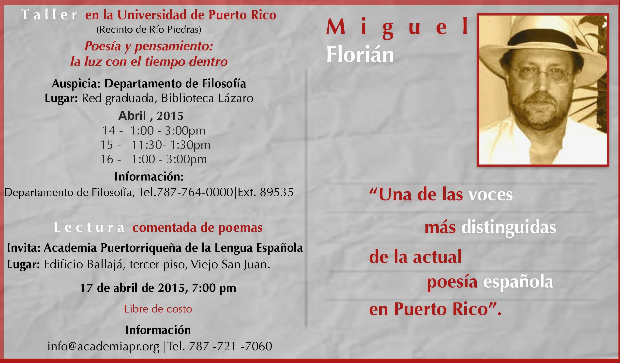 Miguel Florián ofrecerá taller y conferencia en Puerto Rico
