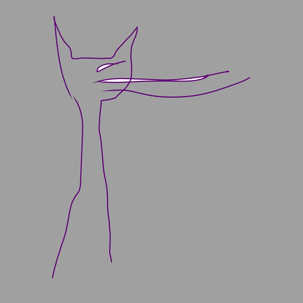 Gato. Dibujo lineal en violeta y blanco sobre fondo gris.