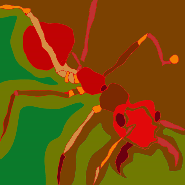 Dibujo de hormiga roja sobre fondo verde y marrón