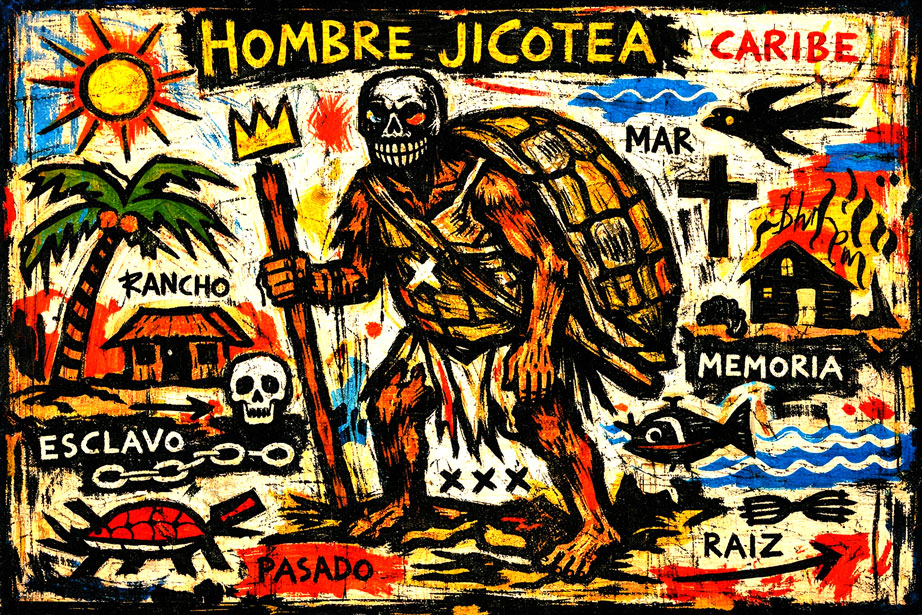 Ilustración de arte popular caribeño titulada 'Hombre Jicotea', con una figura humana con caparazón de tortuga sosteniendo un bastón, junto a una palma y símbolos de esclavitud y memoria