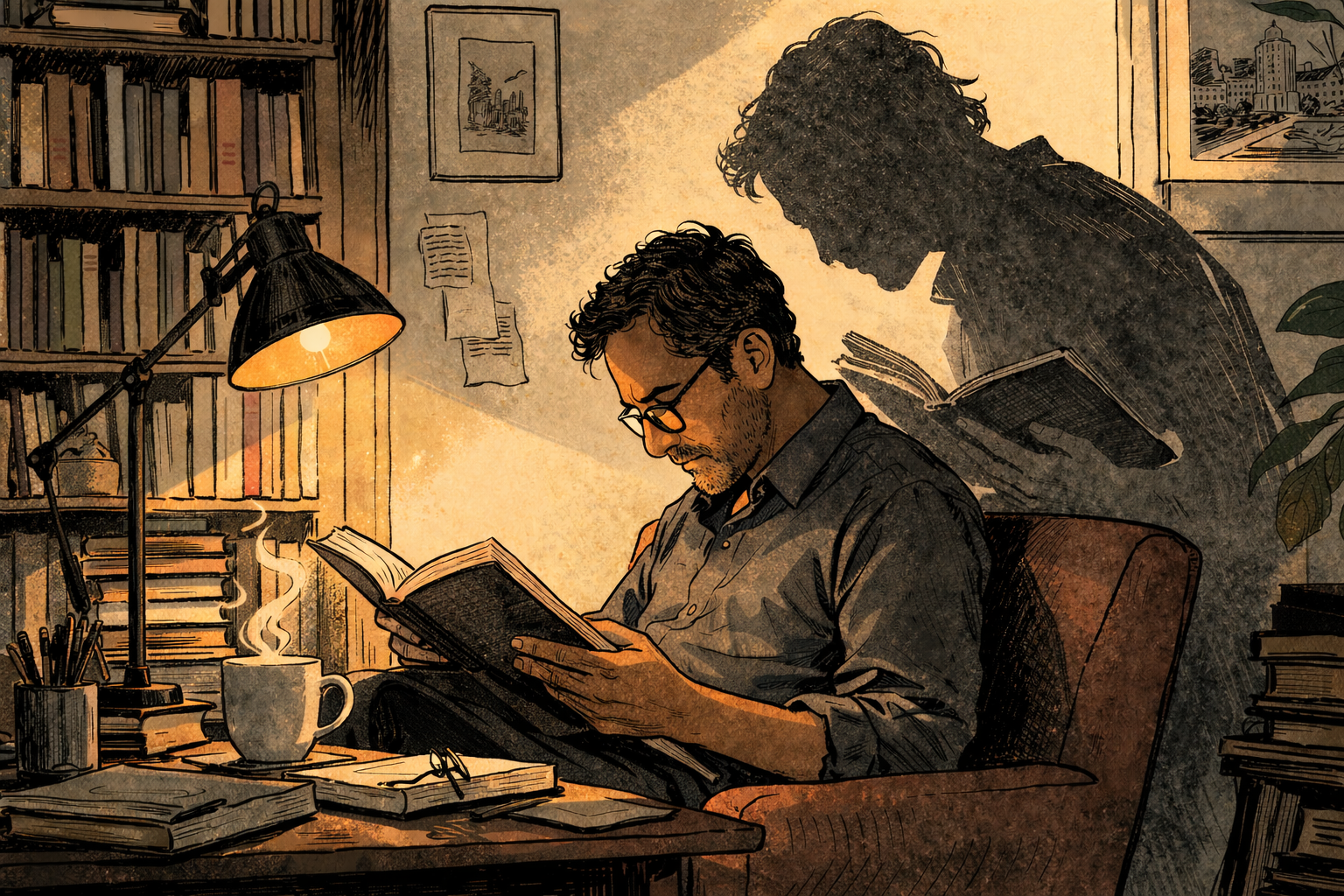 Ilustración de un hombre leyendo un libro junto a una lámpara en una biblioteca, con una sombra fantasmal proyectada detrás de él