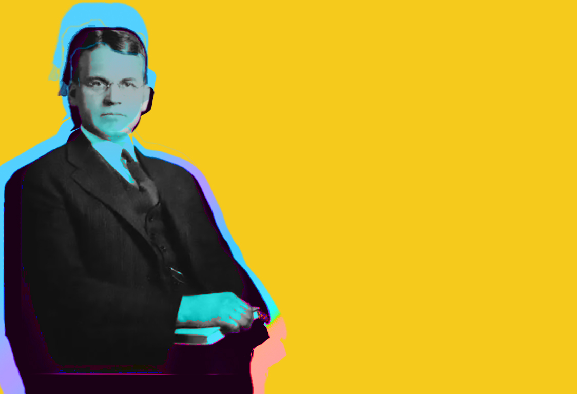 Retrato antiguo de un hombre con espejuelos y traje, con tratamiento de color psicodélico en tonos amarillo y cian