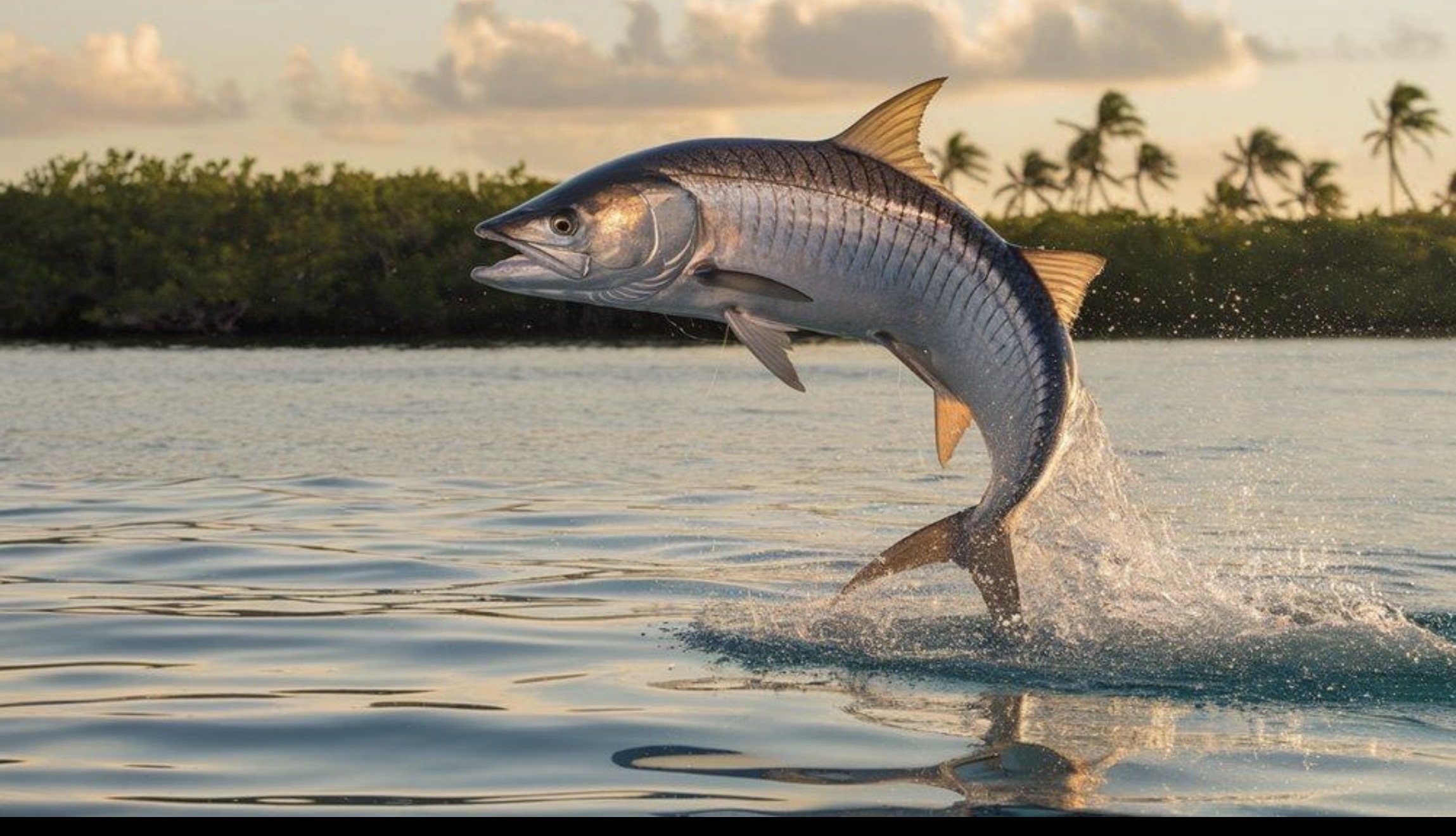 Un sábalo saltando fuera del agua al atardecer, con manglares y palmeras al fondo