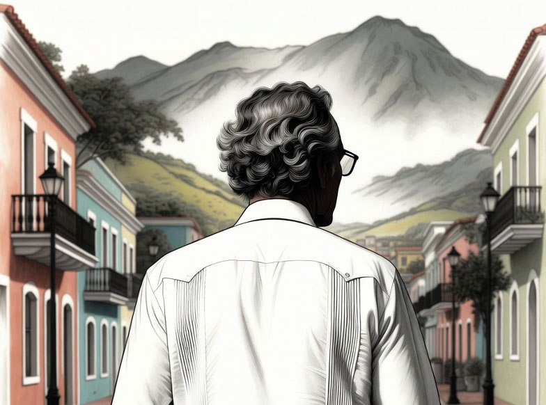 Ilustración de un hombre de espaldas, con cabello canoso y espejuelos, observando un pueblo de montaña puertorriqueño con casas coloridas