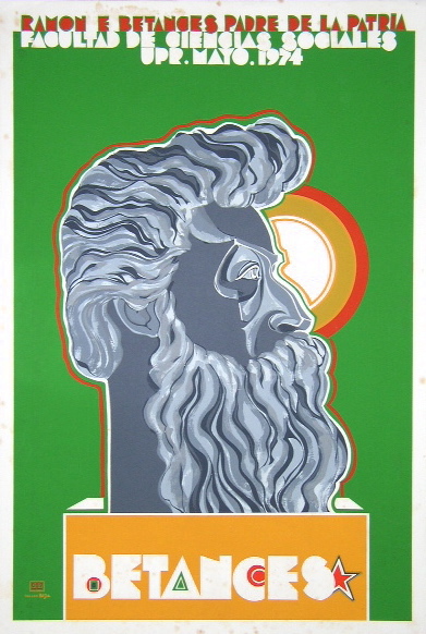 Cartel ilustrado de 1974 con el busto de Ramón Emeterio Betances y el texto 'Betances, Padre de la Facultad de Ciencias Sociales, UPR, mayo 1974'