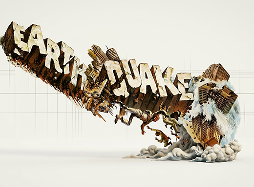 Ilustración de la palabra 'EARTHQUAKE' en letras tridimensionales desmoronándose, con figuras humanas cayendo entre los escombros