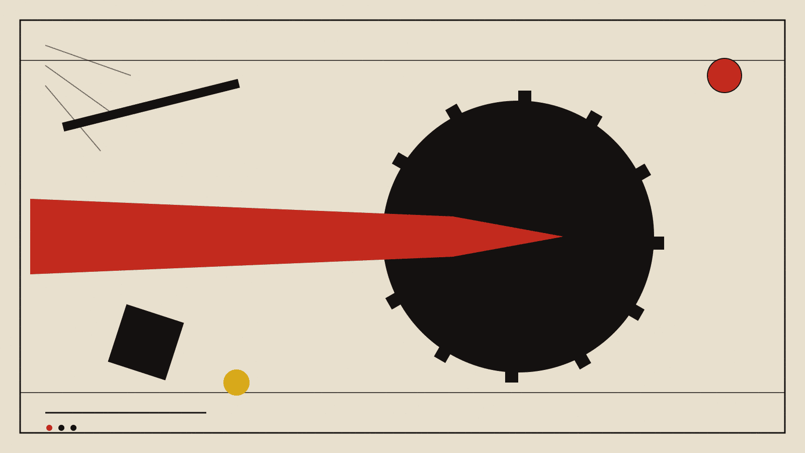 Ilustración geométrica de estilo suprematista: una flecha roja y un engranaje negro sobre fondo crema